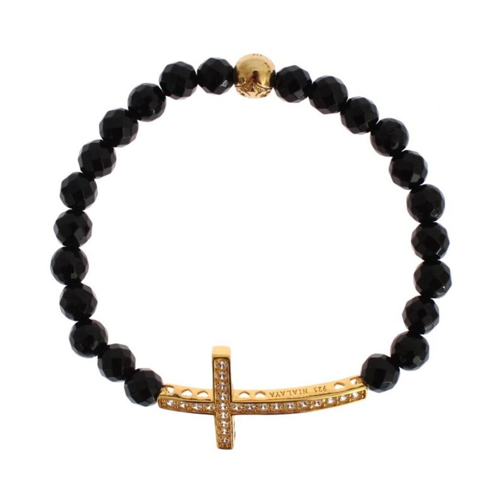 Nialaya Agate Stone Gold CZ Cross 925 Silver Women's Bracelet
